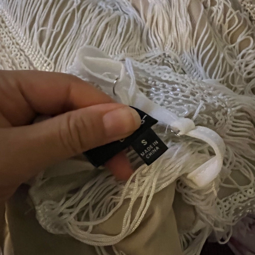 White and Beige Sequin Fringe Flapper Mini Dress ๐ฟ - Picture 15 of 16